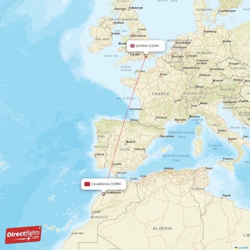 Casablanca - London direct flight map