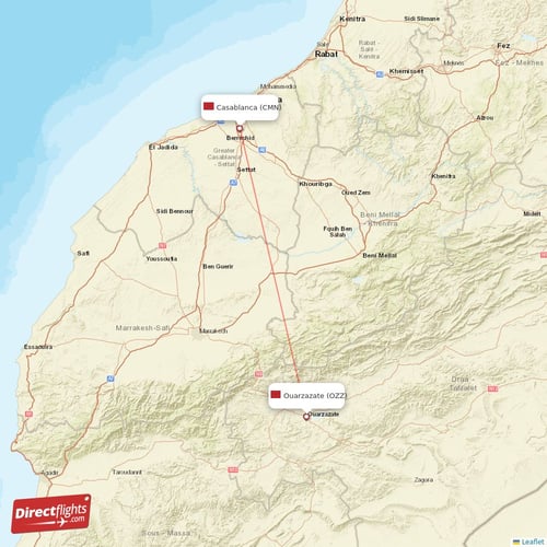 Casablanca - Ouarzazate direct flight map