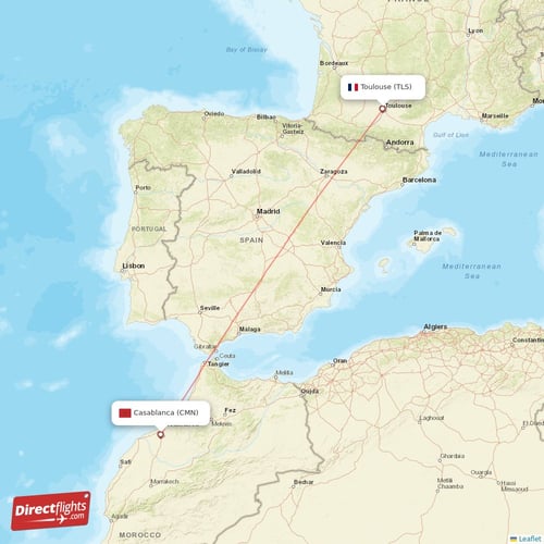Casablanca - Toulouse direct flight map