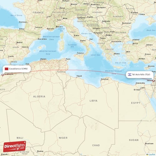 Casablanca - Tel Aviv-Yafo direct flight map