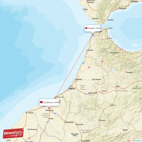 Casablanca - Tangier direct flight map