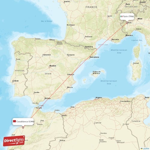 Casablanca - Turin direct flight map
