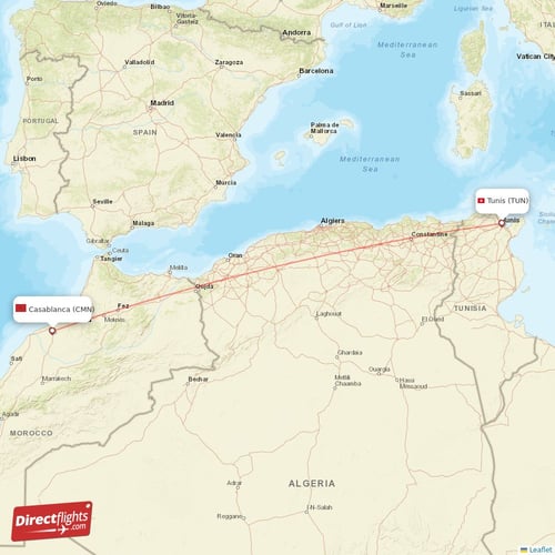 Casablanca - Tunis direct flight map