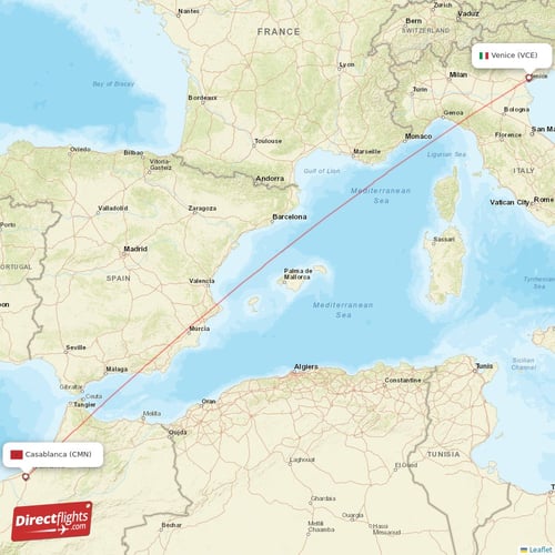 Casablanca - Venice direct flight map