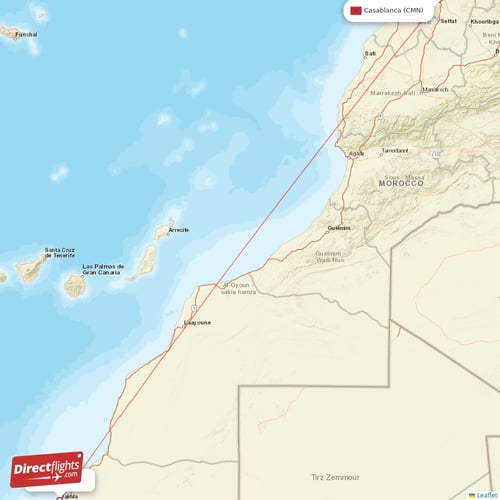 Casablanca - Dakhla direct flight map