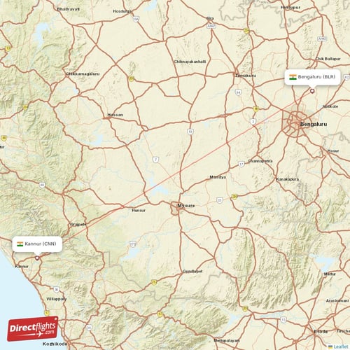 Kannur - Bengaluru direct flight map