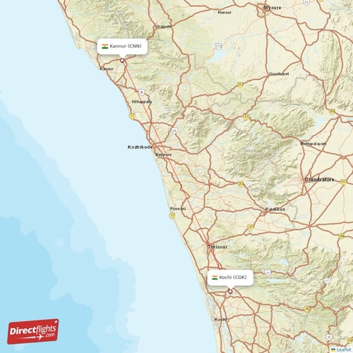 Kannur - Kochi direct flight map