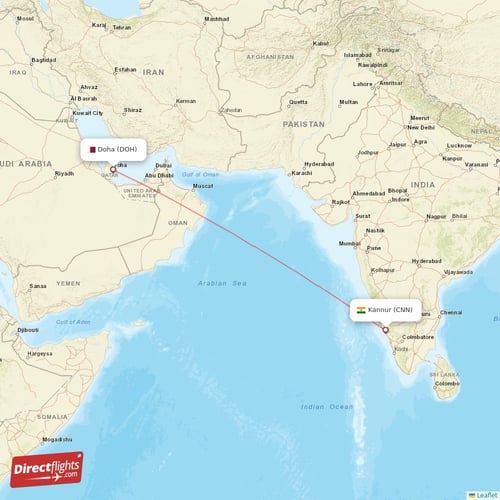 Kannur - Doha direct flight map