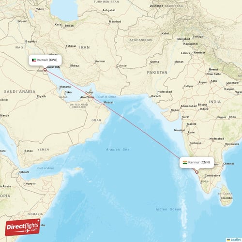 Kannur - Kuwait direct flight map