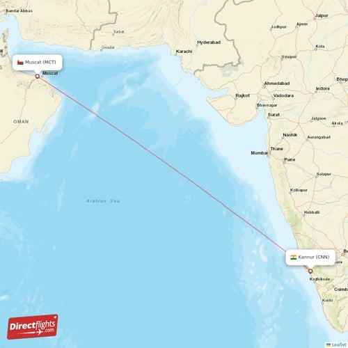 Kannur - Muscat direct flight map