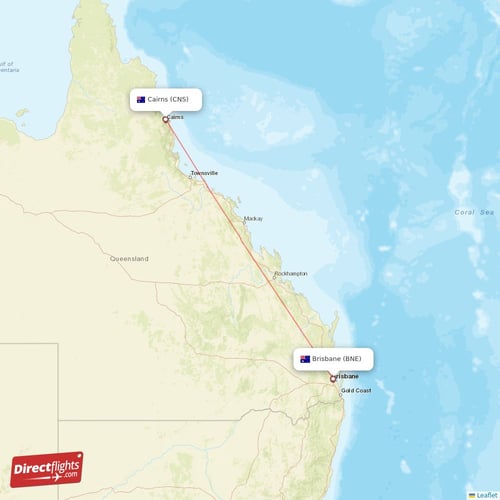 Cairns - Brisbane direct flight map