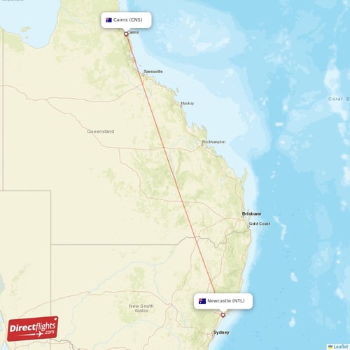 Cairns - Newcastle direct flight map