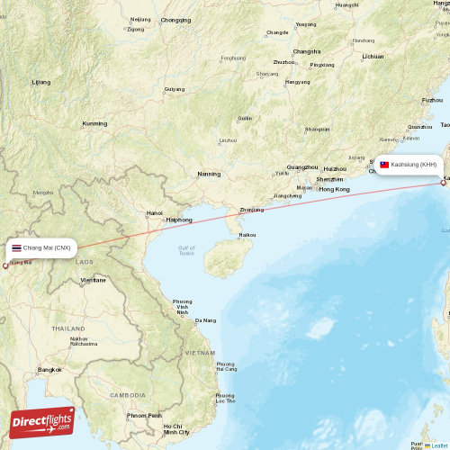 Chiang Mai - Kaohsiung direct flight map