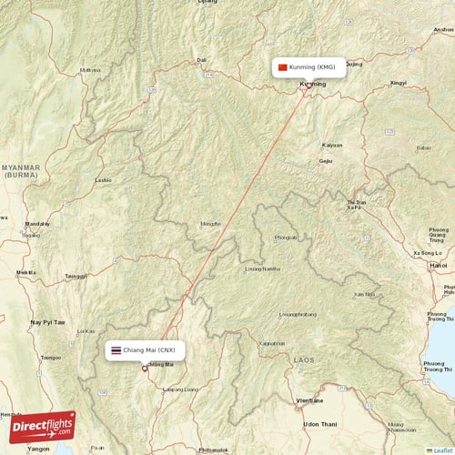 Chiang Mai - Kunming direct flight map