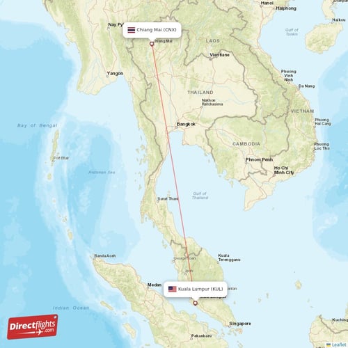 Chiang Mai - Kuala Lumpur direct flight map
