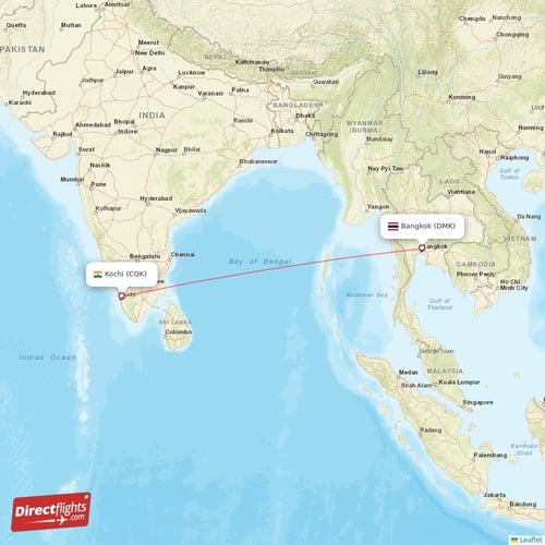 Kochi - Bangkok direct flight map