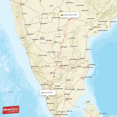 Kochi - Hyderabad direct flight map