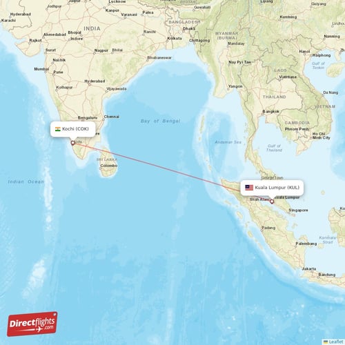 Kochi - Kuala Lumpur direct flight map