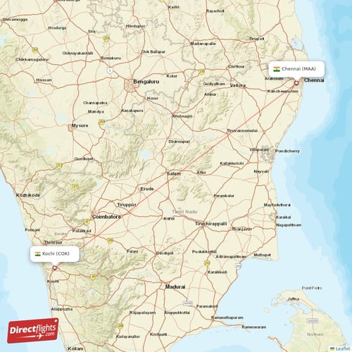 Kochi - Chennai direct flight map