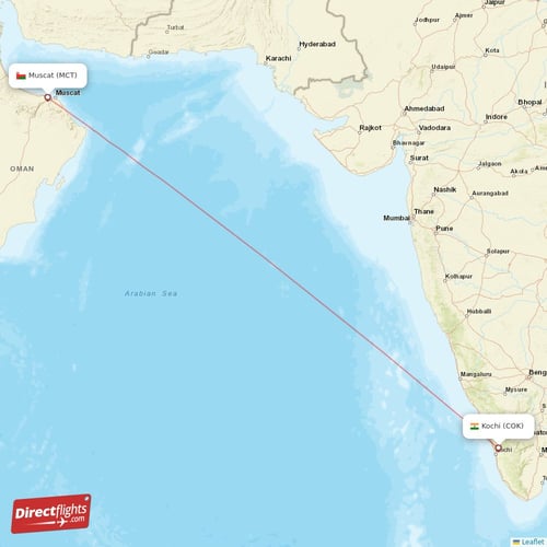 Kochi - Muscat direct flight map
