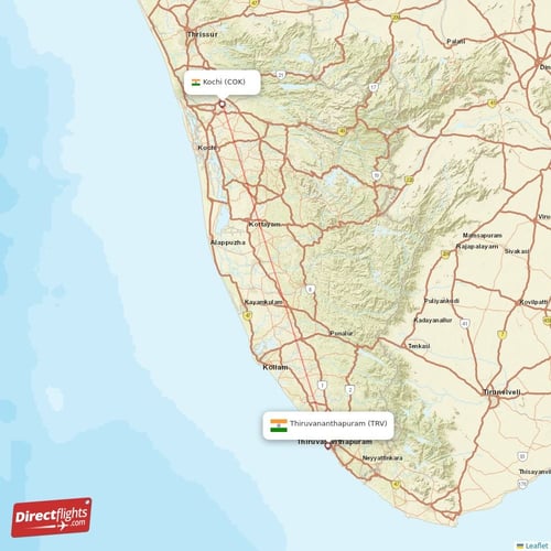 Kochi - Thiruvananthapuram direct flight map