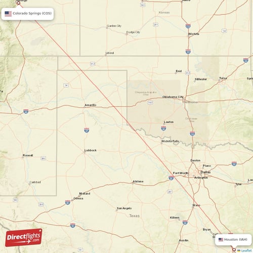 Colorado Springs - Houston direct flight map