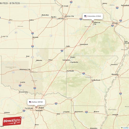 Columbia - Dallas direct flight map