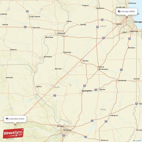 Columbia - Chicago direct flight map