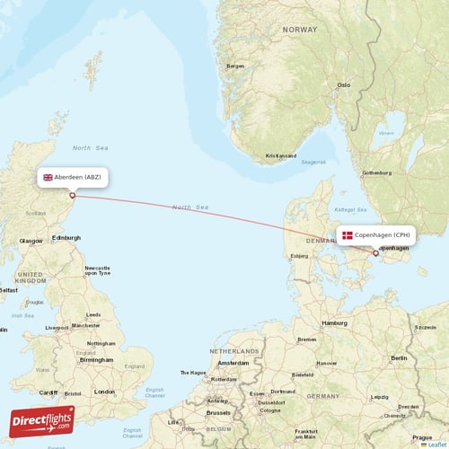 Copenhagen - Aberdeen direct flight map
