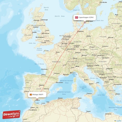 Copenhagen - Malaga direct flight map