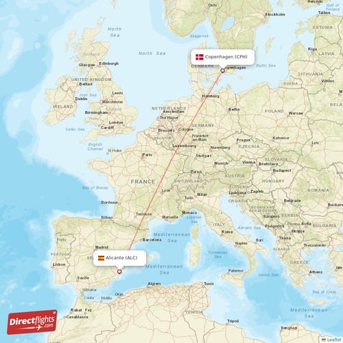 Copenhagen - Alicante direct flight map