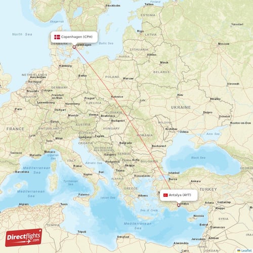 Copenhagen - Antalya direct flight map
