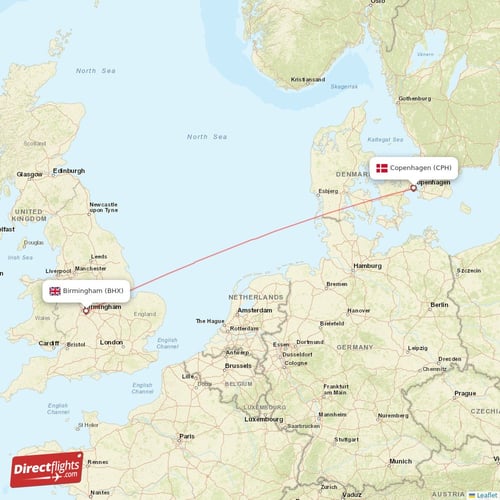 Copenhagen - Birmingham direct flight map