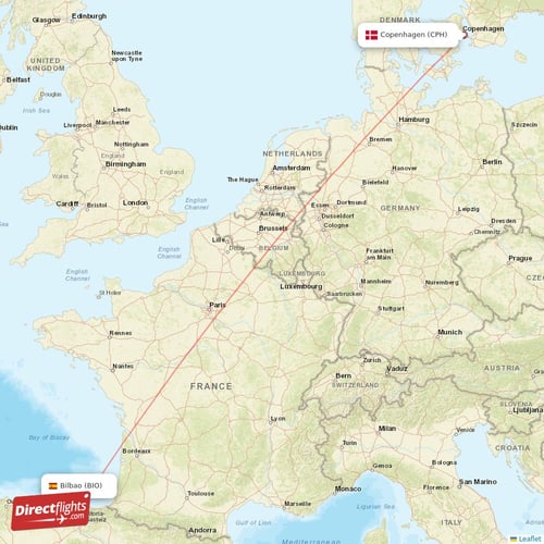 Copenhagen - Bilbao direct flight map