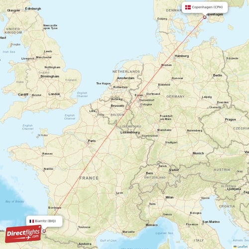 Copenhagen - Biarritz direct flight map
