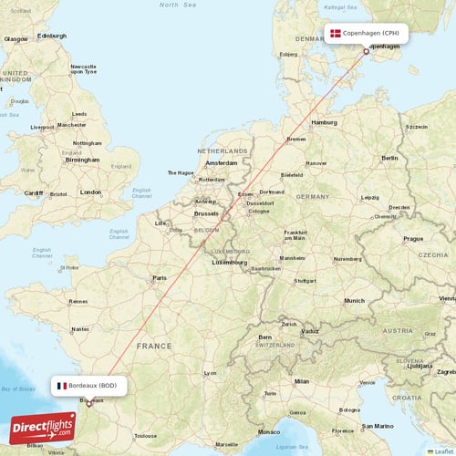 Copenhagen - Bordeaux direct flight map