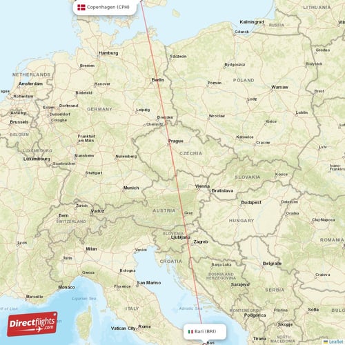 Copenhagen - Bari direct flight map