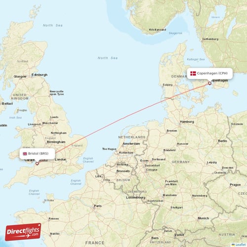 Copenhagen - Bristol direct flight map