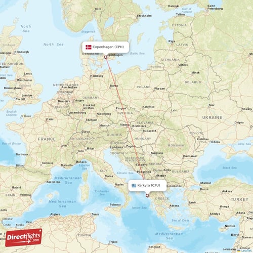 Copenhagen - Kerkyra direct flight map