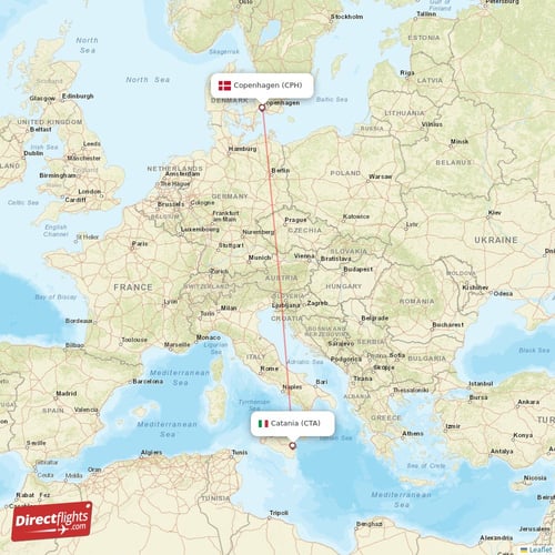 Copenhagen - Catania direct flight map