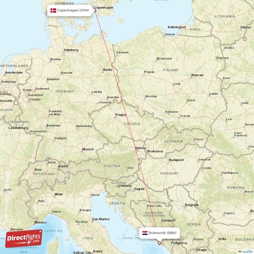Copenhagen - Dubrovnik direct flight map
