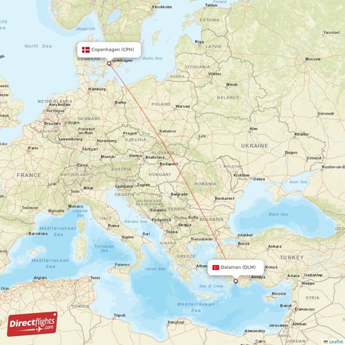Copenhagen - Dalaman direct flight map