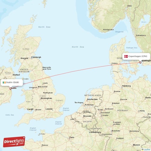 Copenhagen - Dublin direct flight map