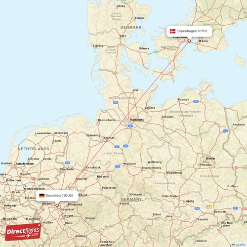 Copenhagen - Dusseldorf direct flight map