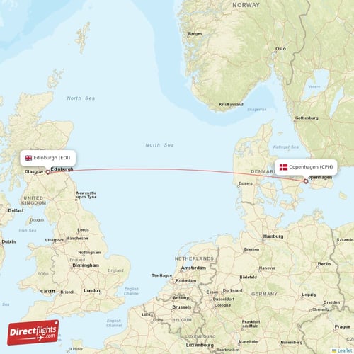 Copenhagen - Edinburgh direct flight map