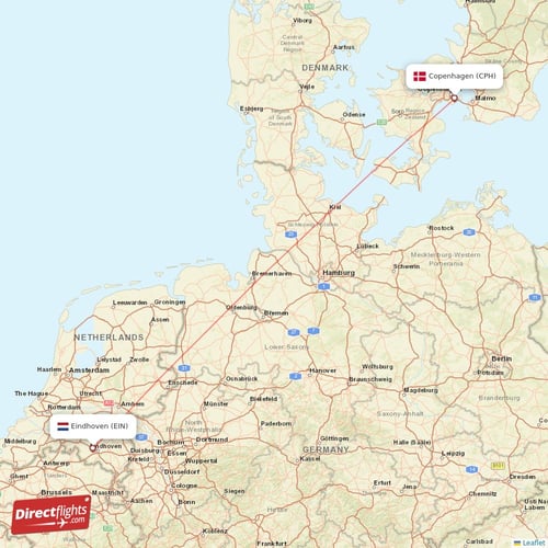 Copenhagen - Eindhoven direct flight map
