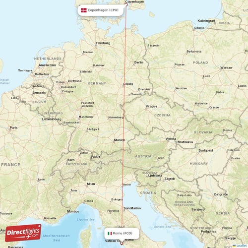 Copenhagen - Rome direct flight map