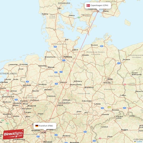 Copenhagen - Frankfurt direct flight map