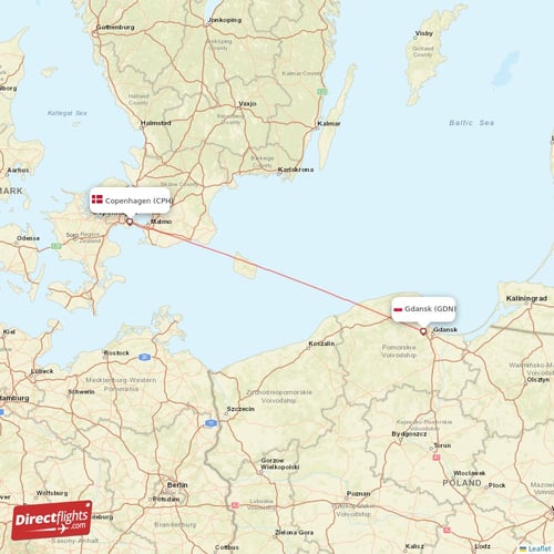 Copenhagen - Gdansk direct flight map
