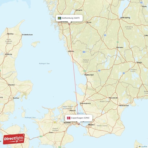 Copenhagen - Gothenburg direct flight map